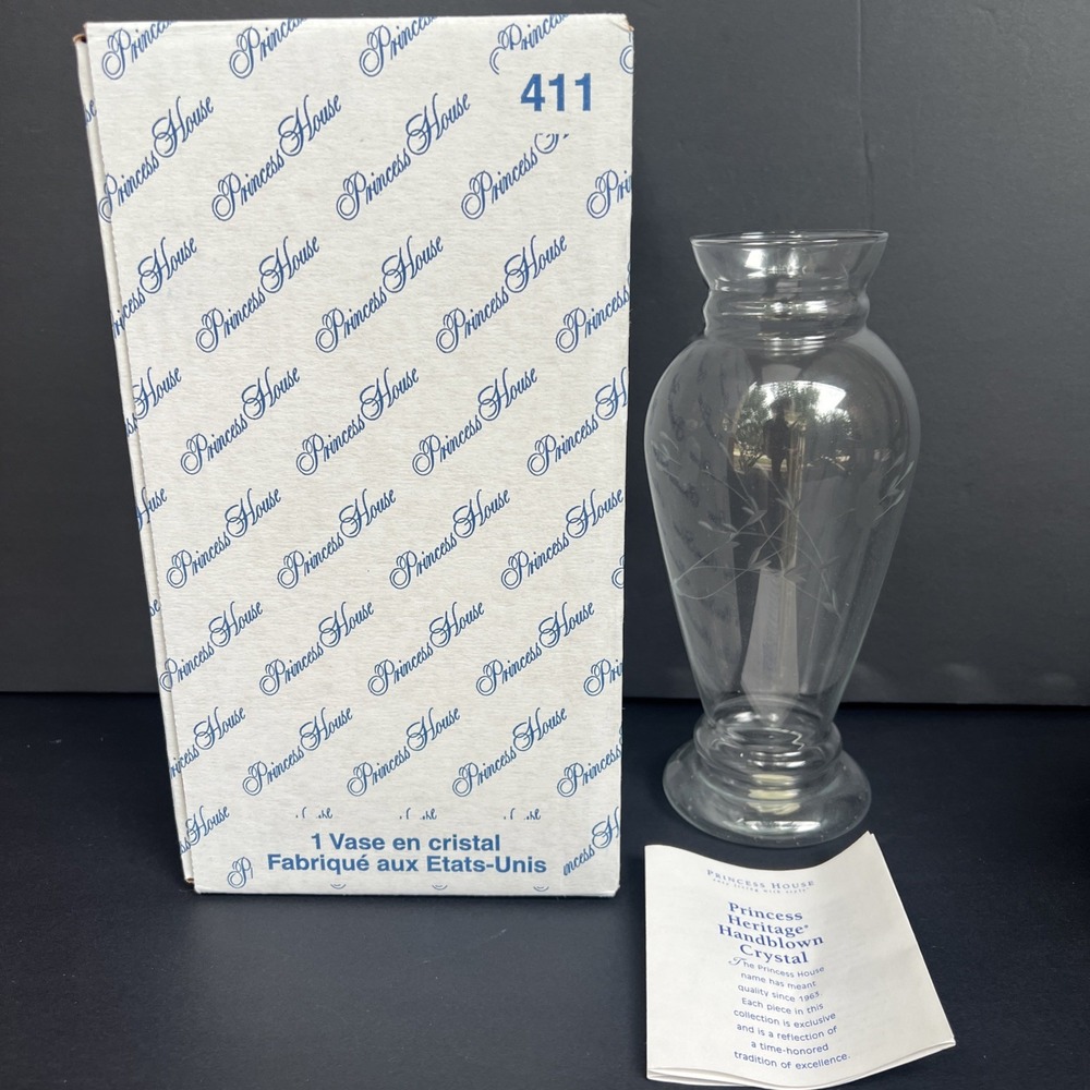 VTG Princess House Heritage Crystal Vase 9" Etched Floral #411 Original Box NOS